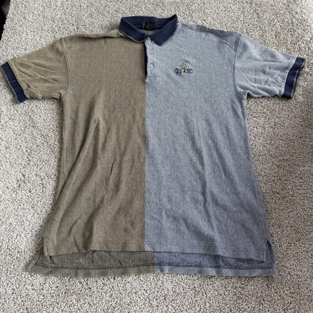 Vintage Antigua Polo Shirt Mens M Blue Tan Colorblock Cotton Knit Short Sleeve